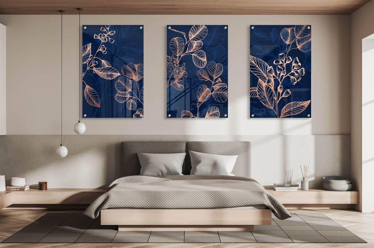 Dark Blue Foliage Pattern Set of 3 Prints Modern Wall Art Modern Artwork Image 2