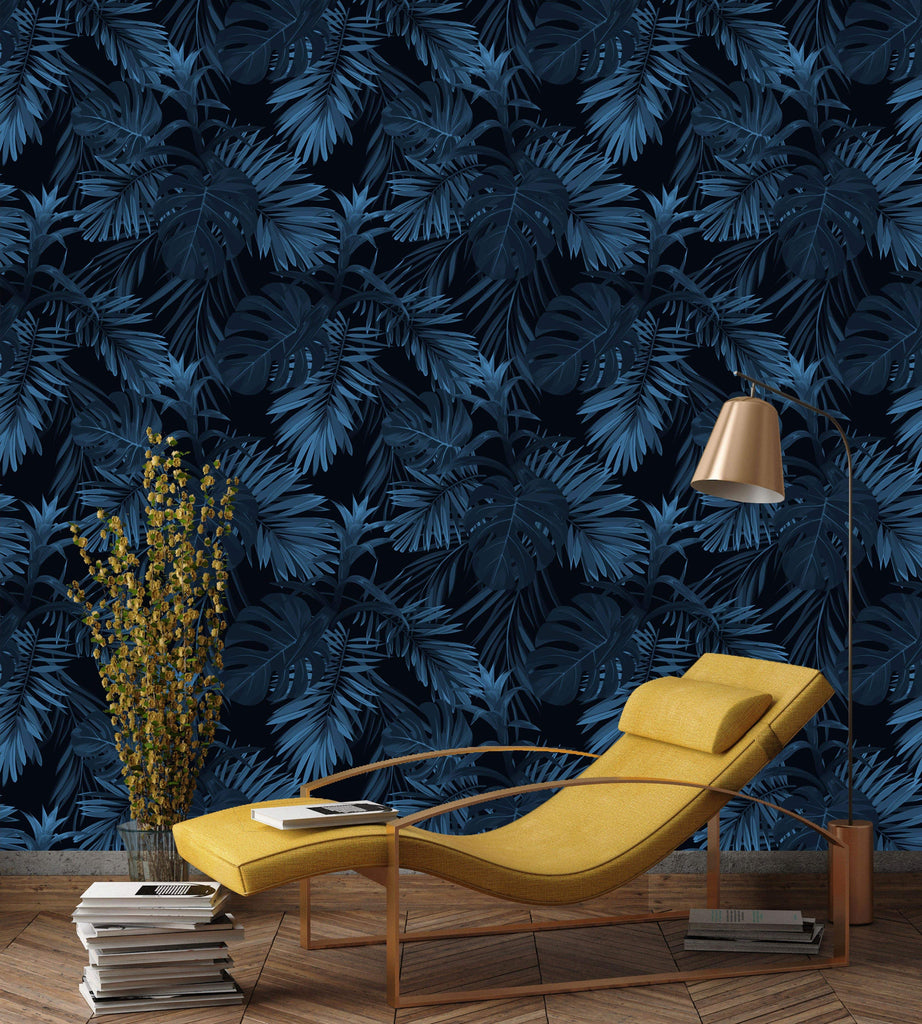 uniQstiQ Tropical Dark Blue Leaves Wallpaper Wallpaper