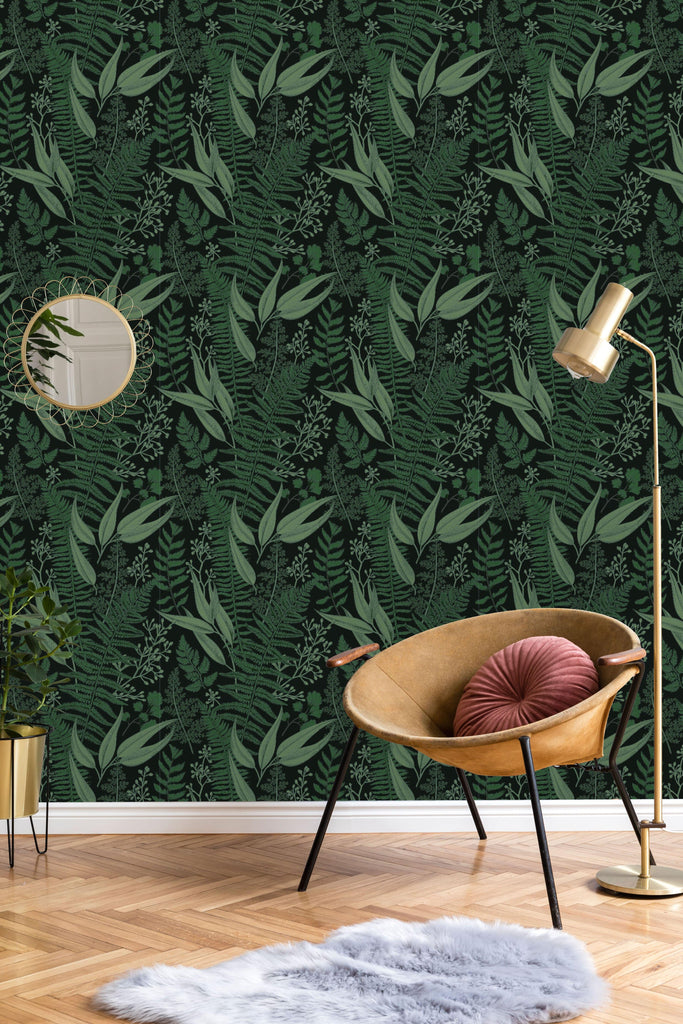 uniQstiQ Botanical Dark Ferns Leaves Wallpaper Wallpaper