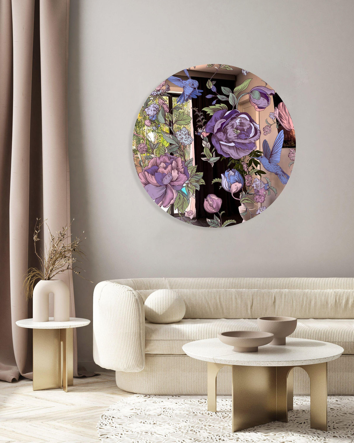 Dark Flowers Mirrored Acrylic Circles Contemporary Home DǸcor Printed acrylic