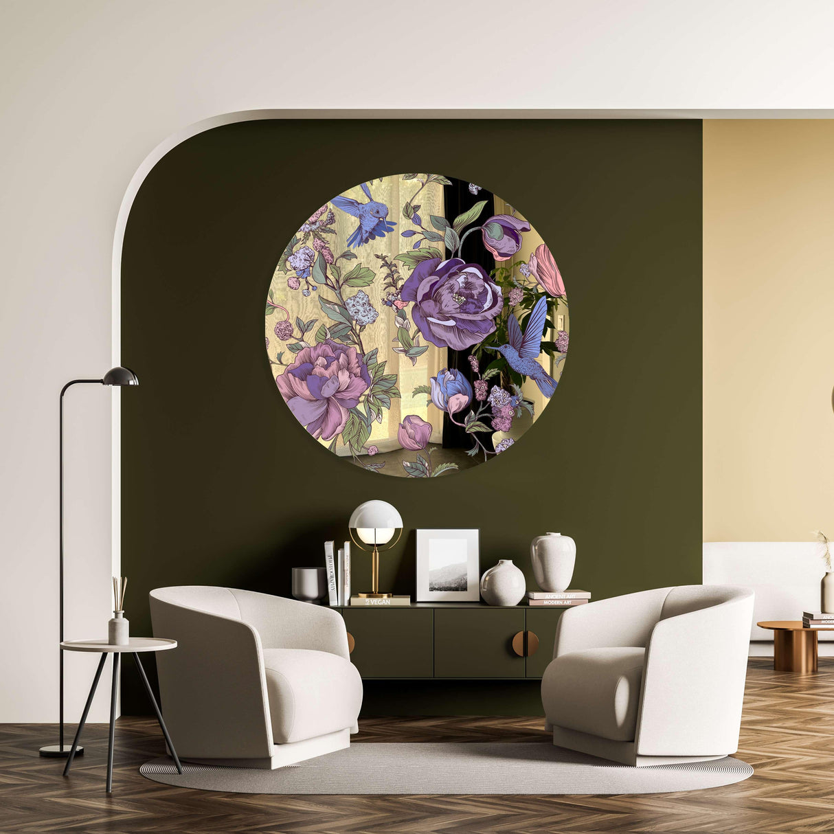Dark Flowers Mirrored Acrylic Circles Contemporary Home DǸcor Printed acrylic