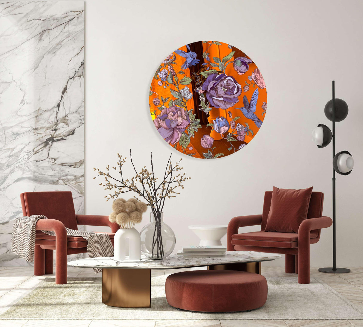 Dark Flowers Mirrored Acrylic Circles Contemporary Home DǸcor Printed acrylic