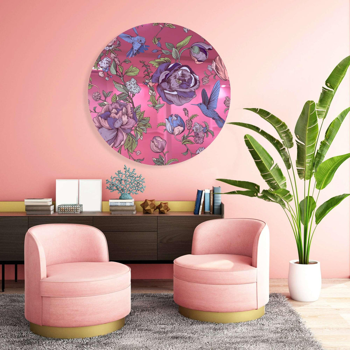 Dark Flowers Mirrored Acrylic Circles Contemporary Home DǸcor Printed acrylic