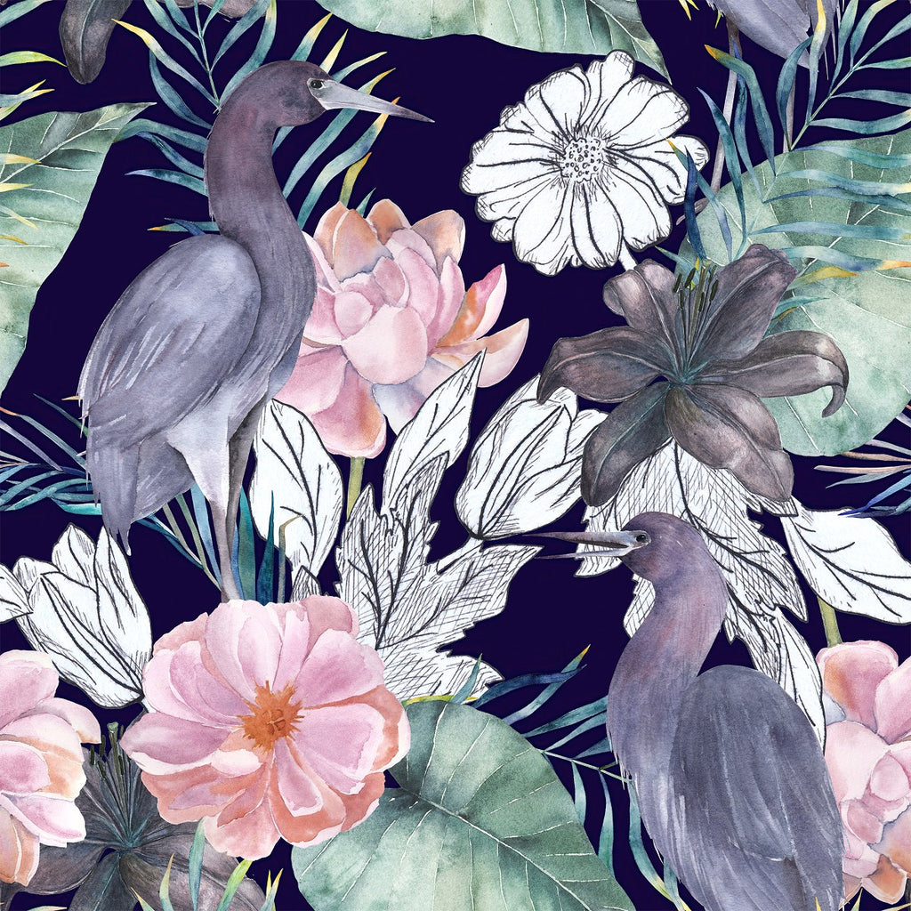 Grey Birds and Large Flowers Wallpaper uniQstiQ Vintage