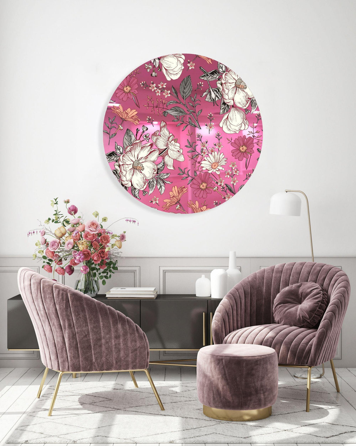 Floral Pattern Mirrored Acrylic Circles Contemporary Home DǸcor Printed acrylic