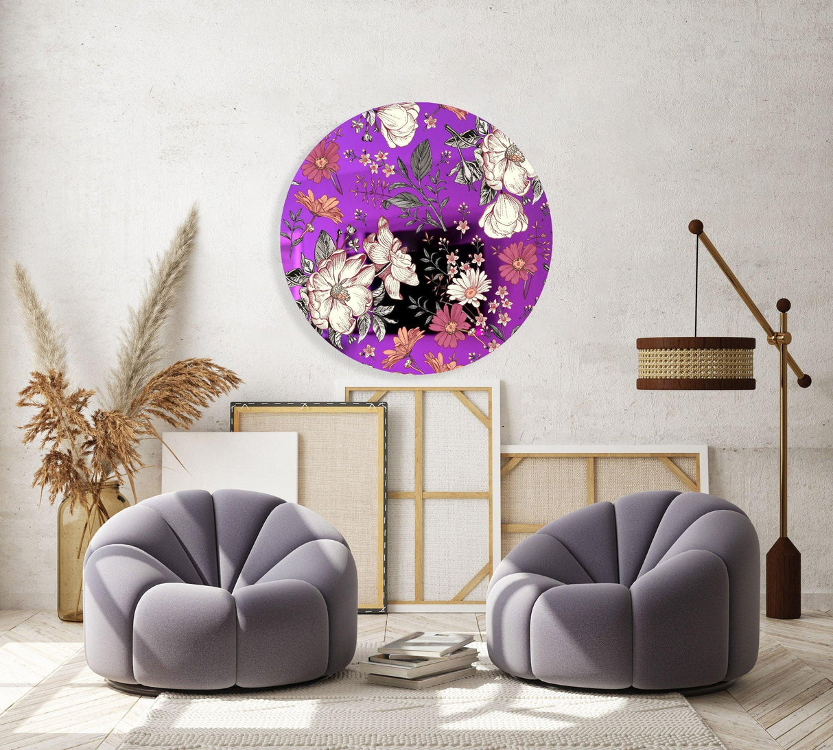 Floral Pattern Mirrored Acrylic Circles Contemporary Home DǸcor Printed acrylic