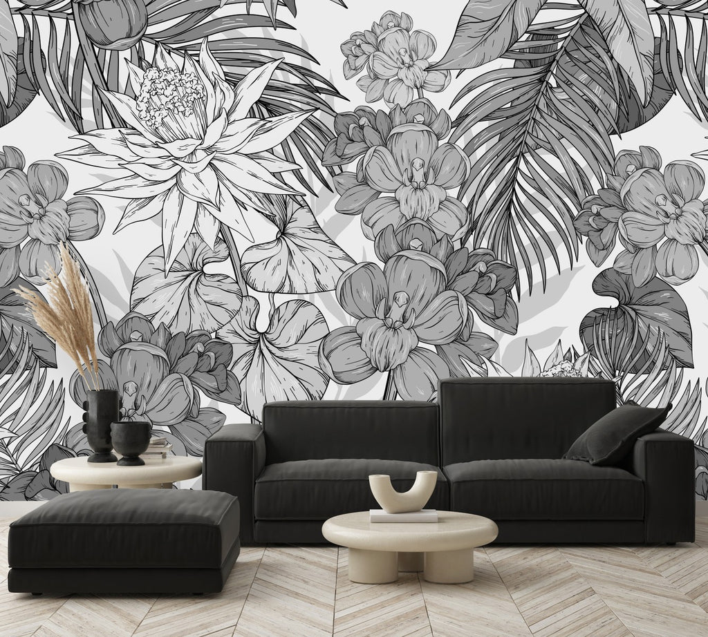 Black and White Exotic Flowers Wallpaper uniQstiQ Murals