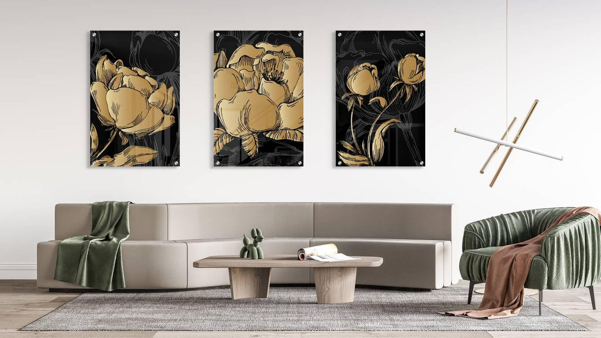 Golden Peonies Set of 3 Prints Modern Wall Art Modern Artwork Image 2