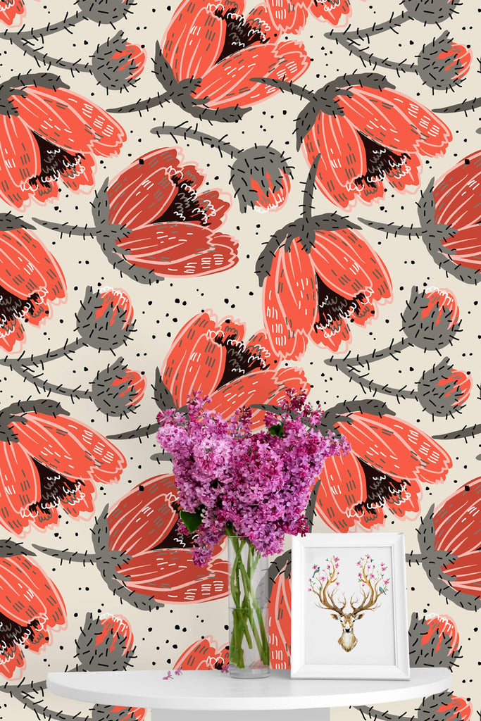 uniQstiQ Floral Hand Drawn Poppies Wallpaper Wallpaper