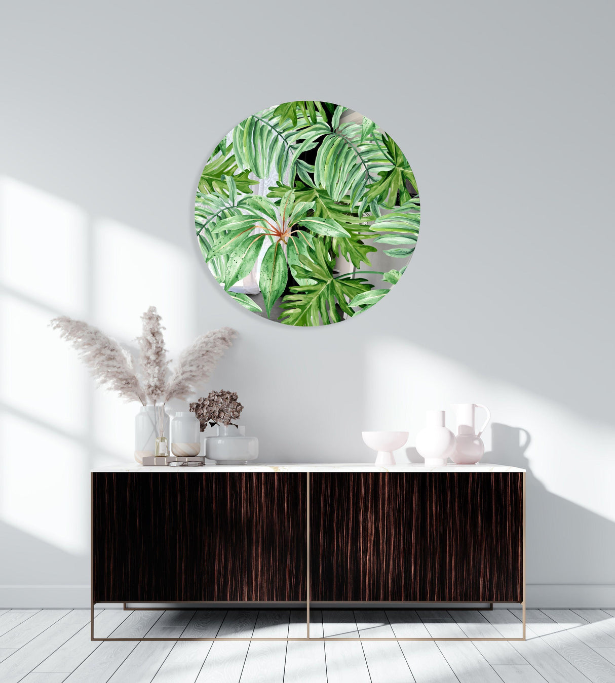 Jungle Green Leaves Mirrored Acrylic Circles Contemporary Home DǸcor Printed acrylic