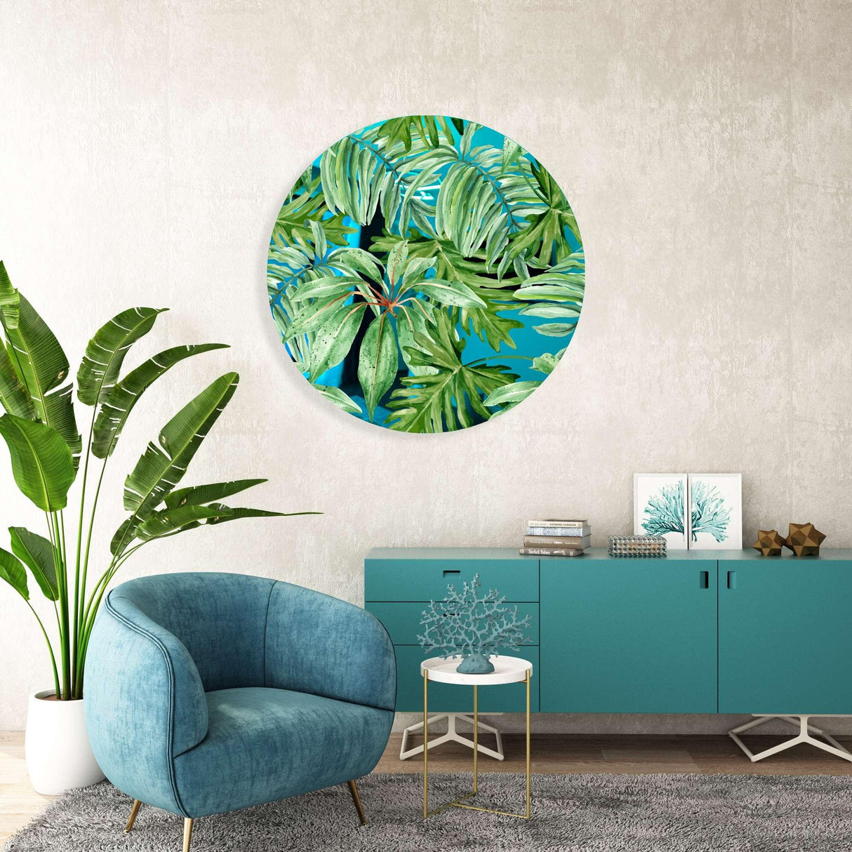 Jungle Green Leaves Mirrored Acrylic Circles Contemporary Home DǸcor Printed acrylic