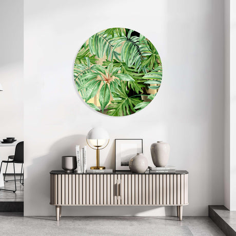 Jungle Green Leaves Mirrored Acrylic Circles Contemporary Home DǸcor Printed acrylic