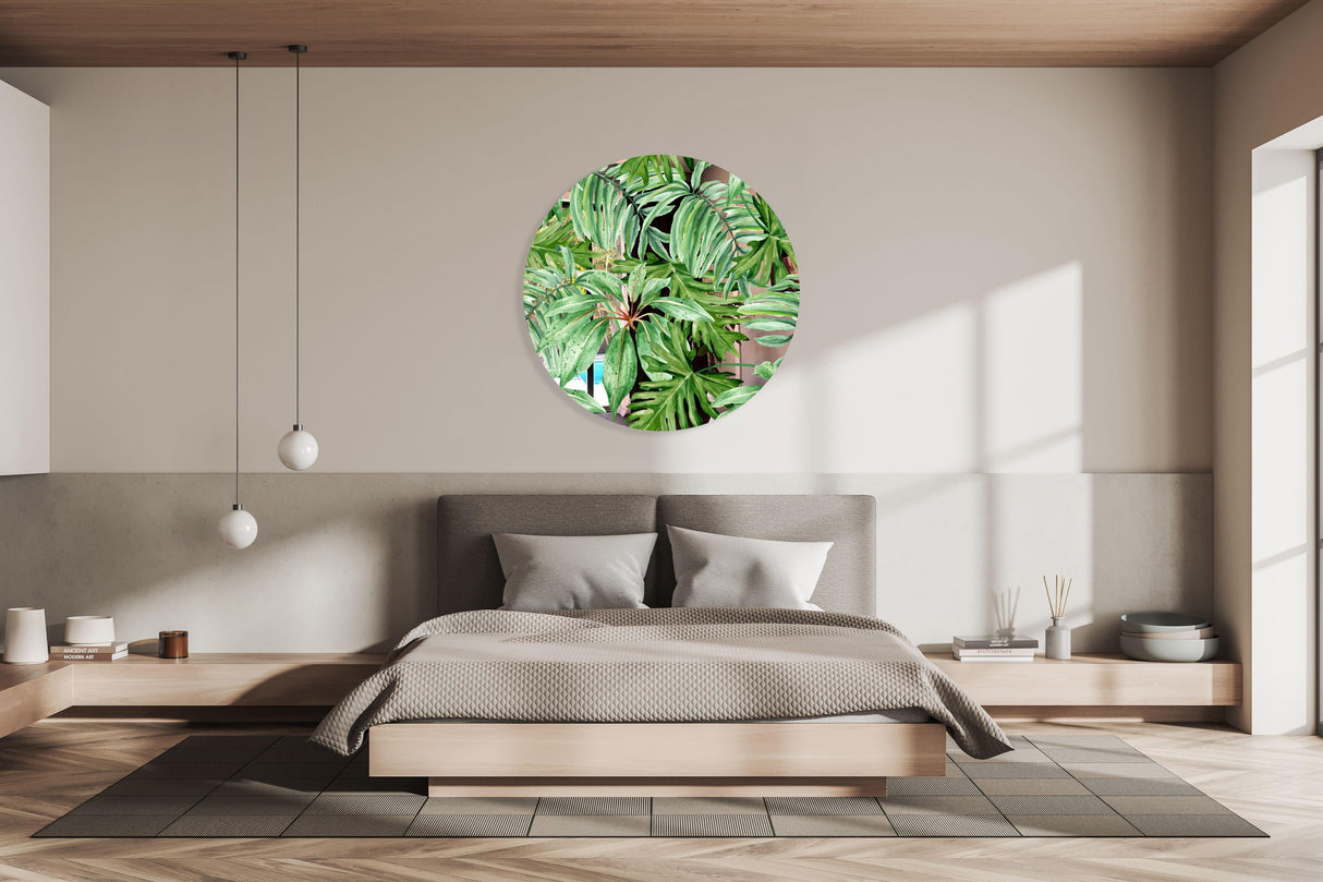 Jungle Green Leaves Mirrored Acrylic Circles Contemporary Home DǸcor Printed acrylic