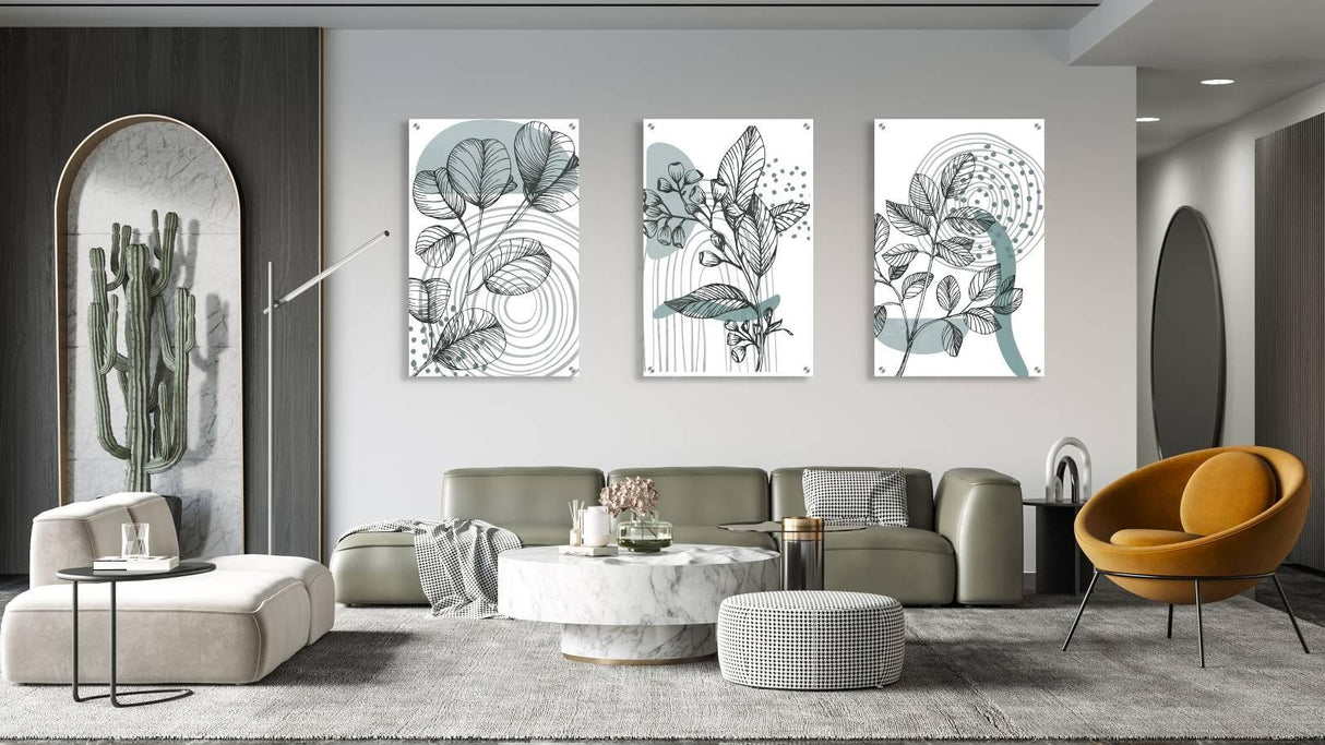 Leaves and Geometric Design Set of 3 Prints Modern Wall Art Modern Artwork Image 1