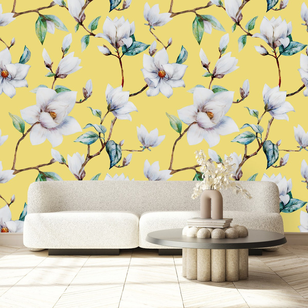 Yellow Wallpaper with Magnolia  uniQstiQ Murals