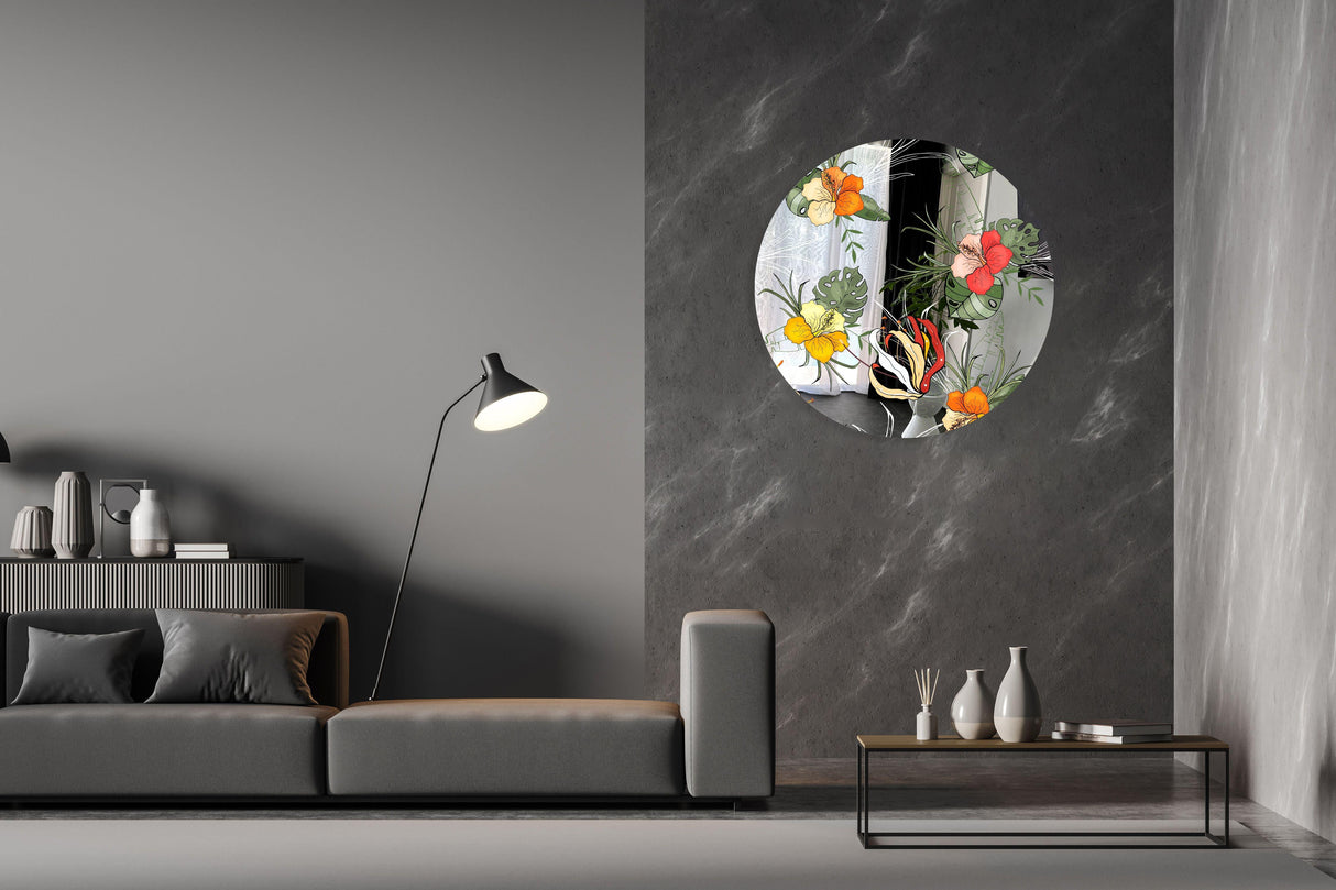 Orange Flowers Mirrored Acrylic Circles Contemporary Home DǸcor Printed acrylic