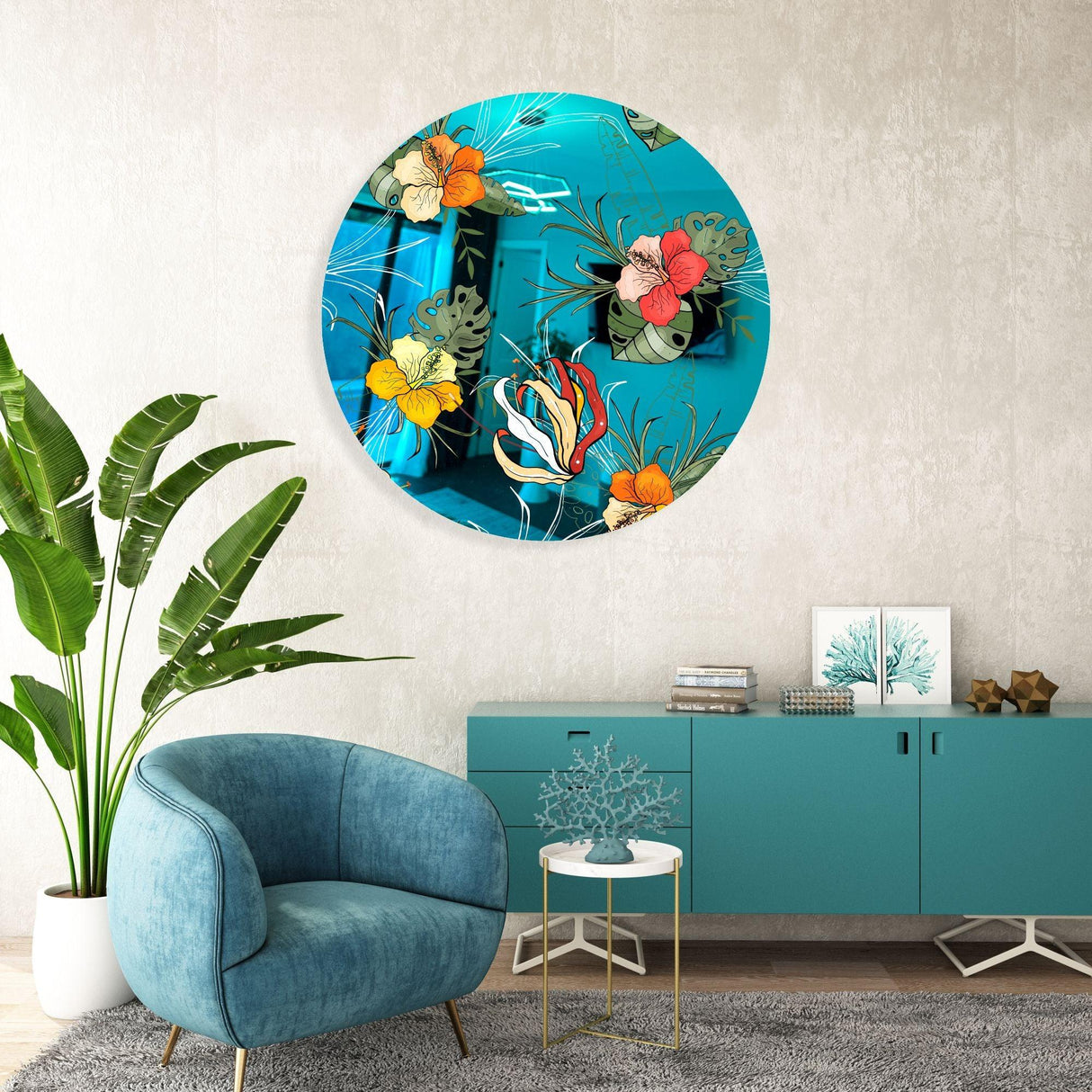 Orange Flowers Mirrored Acrylic Circles Contemporary Home DǸcor Printed acrylic