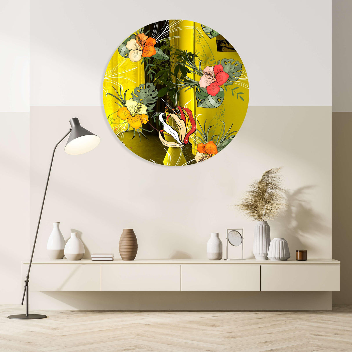 Orange Flowers Mirrored Acrylic Circles Contemporary Home DǸcor Printed acrylic