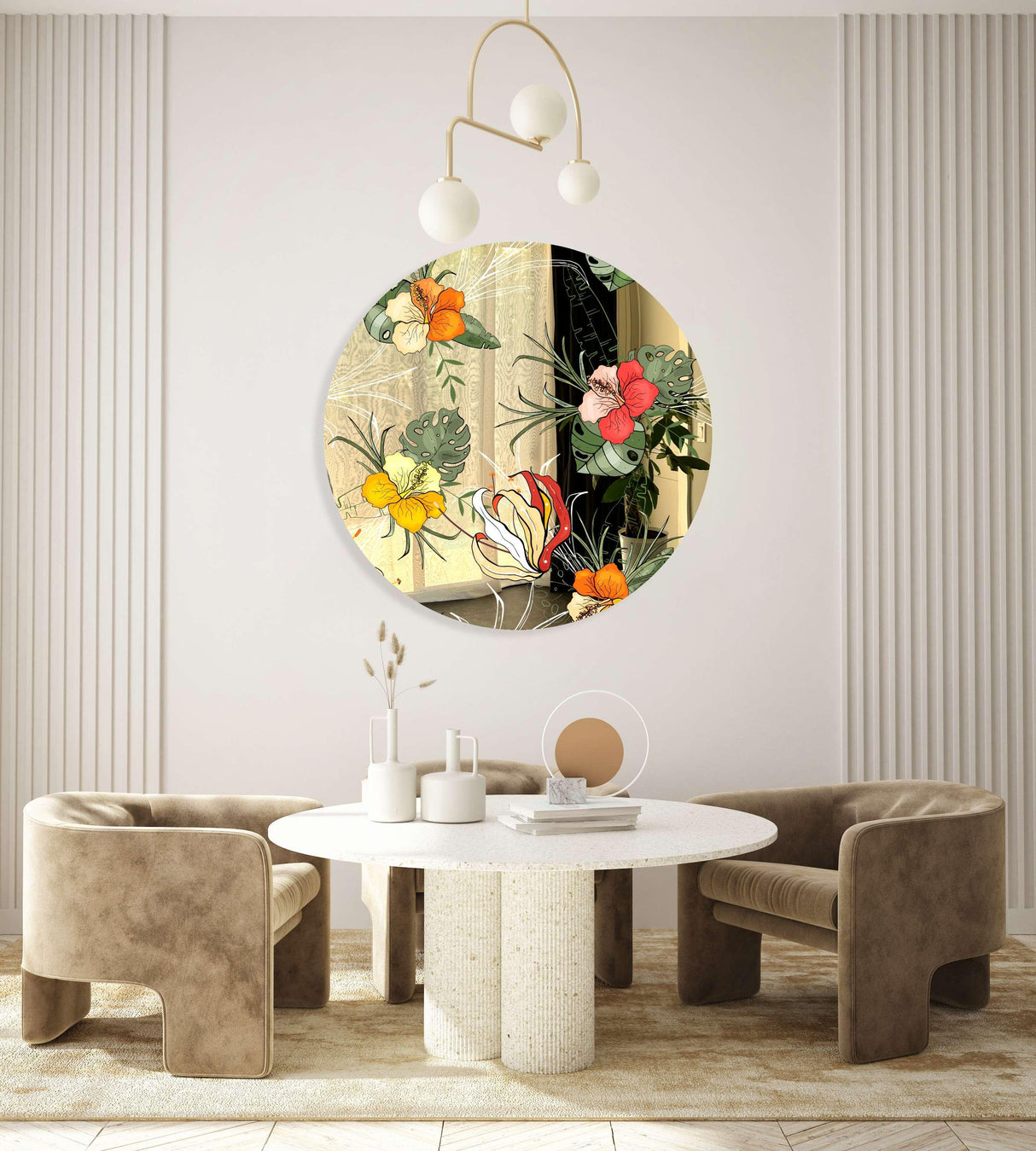 Orange Flowers Mirrored Acrylic Circles Contemporary Home DǸcor Printed acrylic