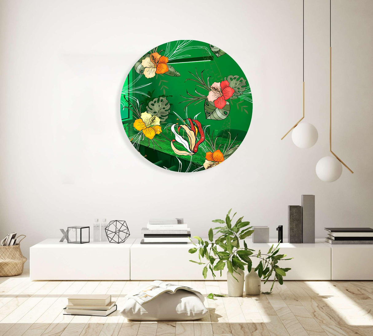 Orange Flowers Mirrored Acrylic Circles Contemporary Home DǸcor Printed acrylic