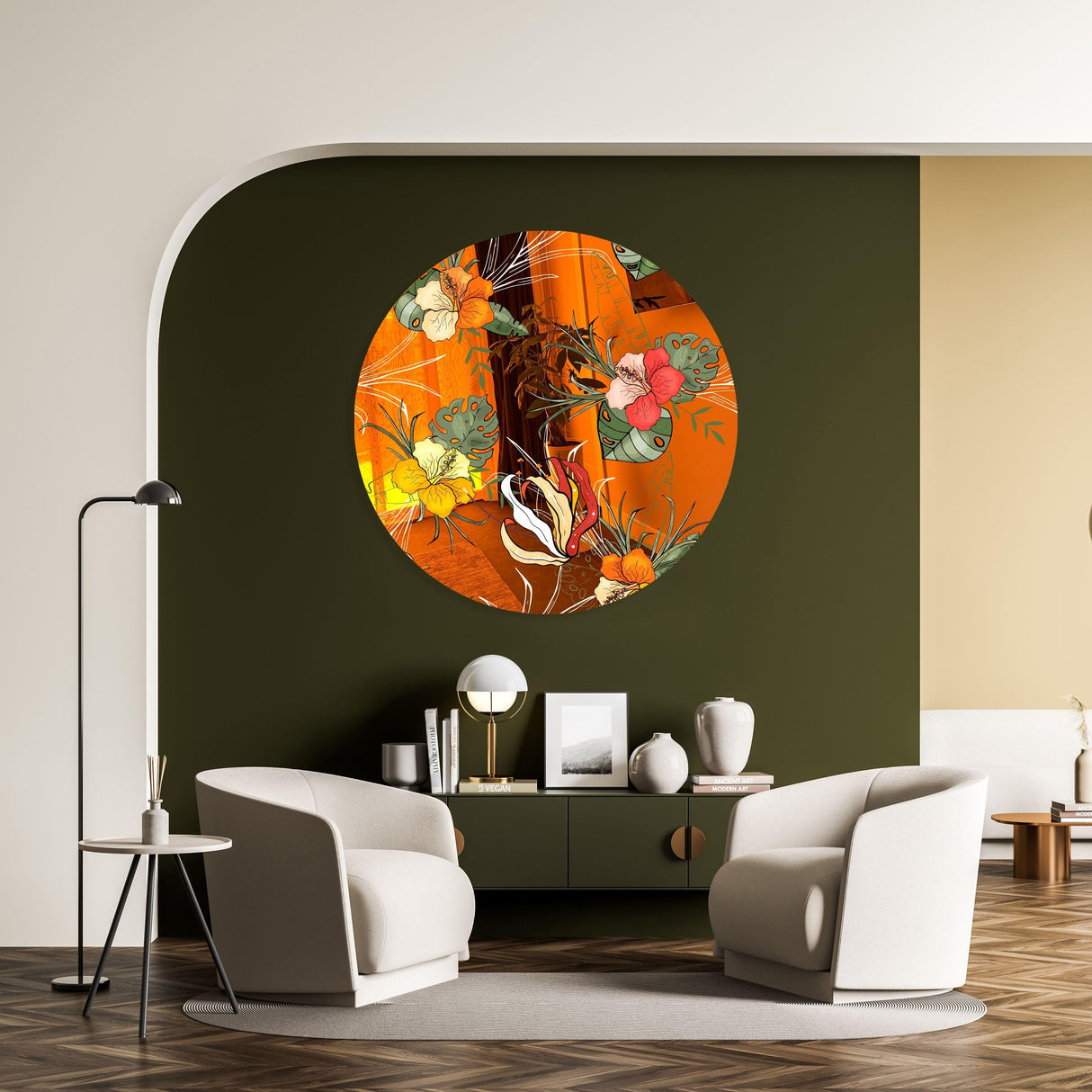 Orange Flowers Mirrored Acrylic Circles Contemporary Home DǸcor Printed acrylic