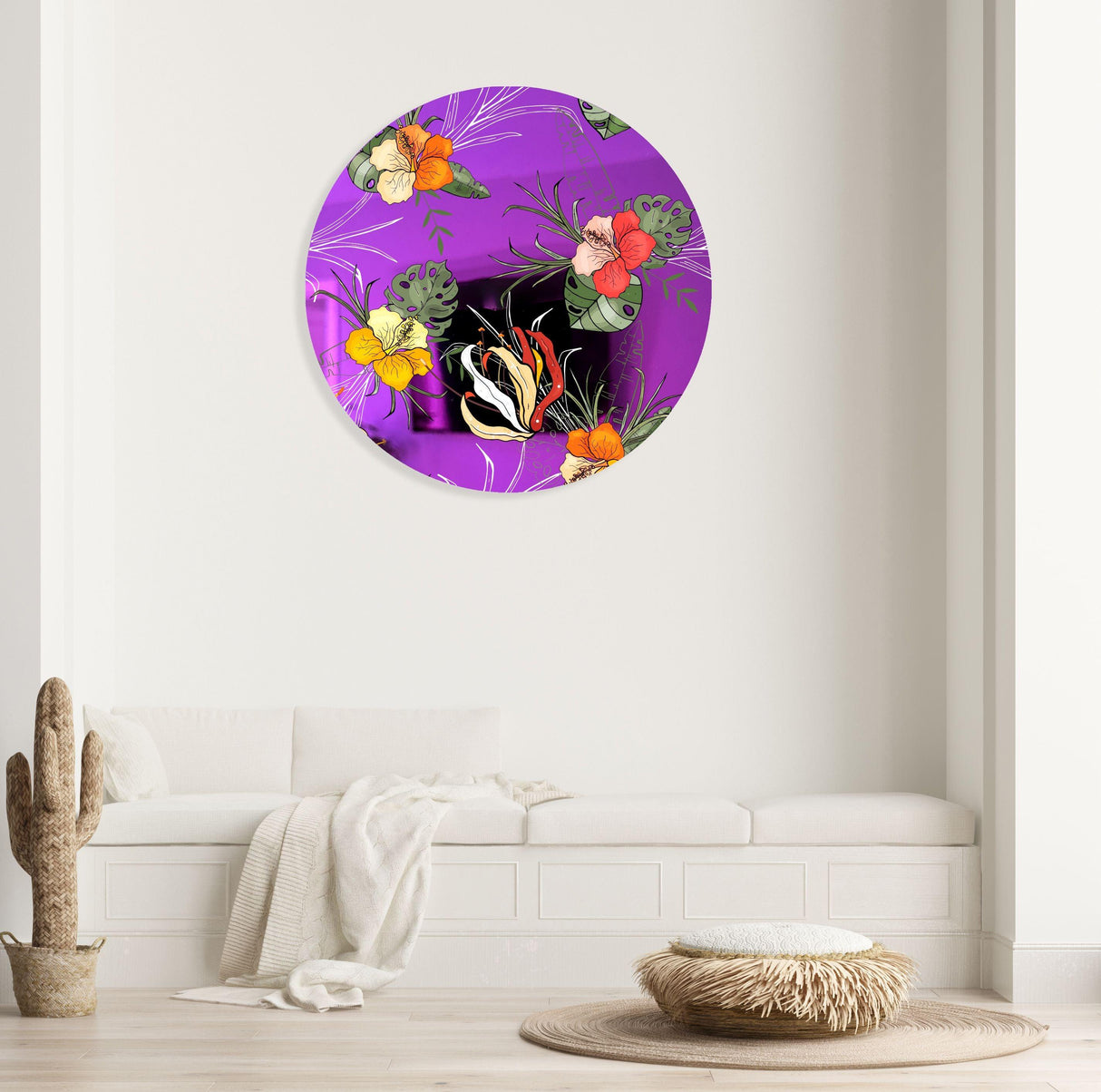 Orange Flowers Mirrored Acrylic Circles Contemporary Home DǸcor Printed acrylic