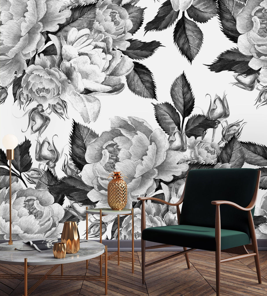 uniQstiQ Murals Peonies Flowers Watercolor  Black and White Wallpaper Mural Wallpaper
