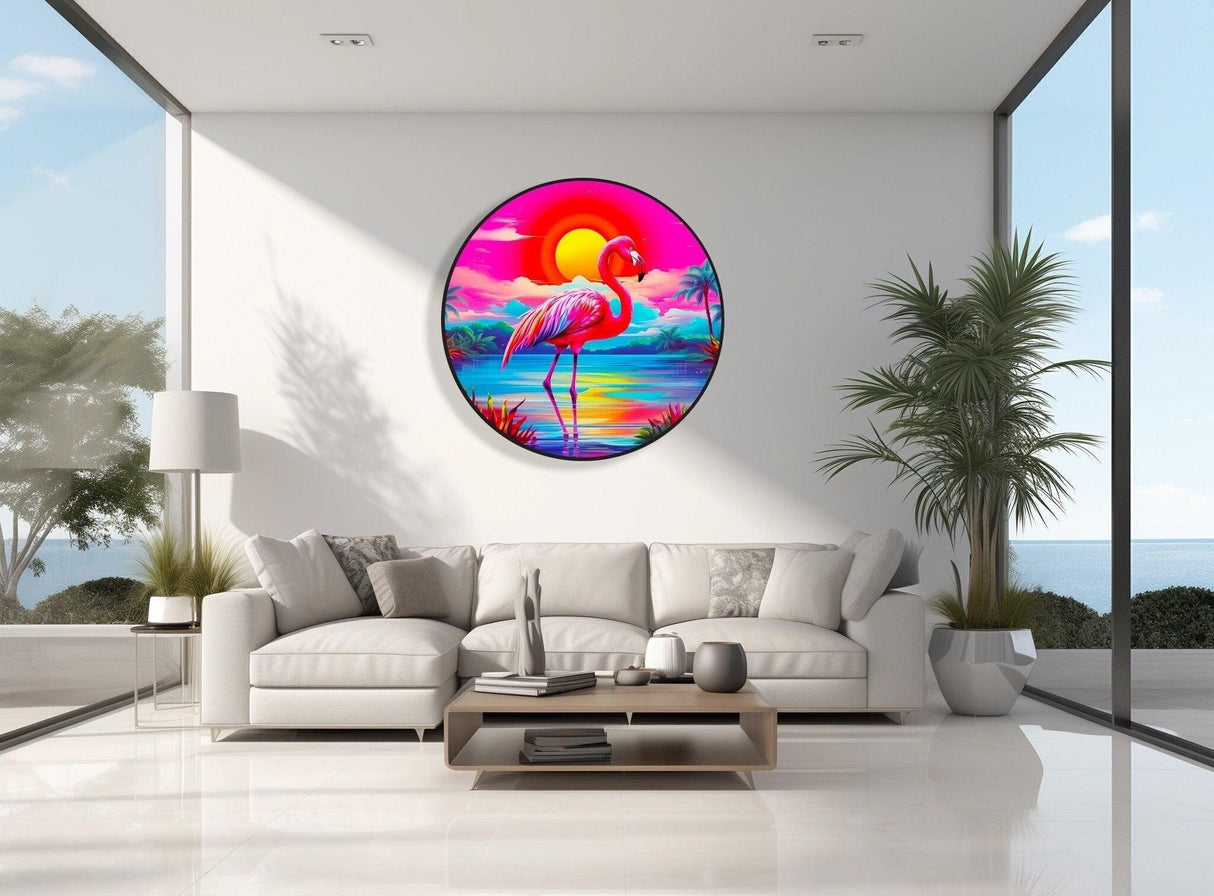 Pink Flamingo Pop Art Round Artwork LED Wall Decor 80s Style Art Flamingo Gifts Home Decor Vintage Flamingo Wall Art Retro Style Wall Art 1
