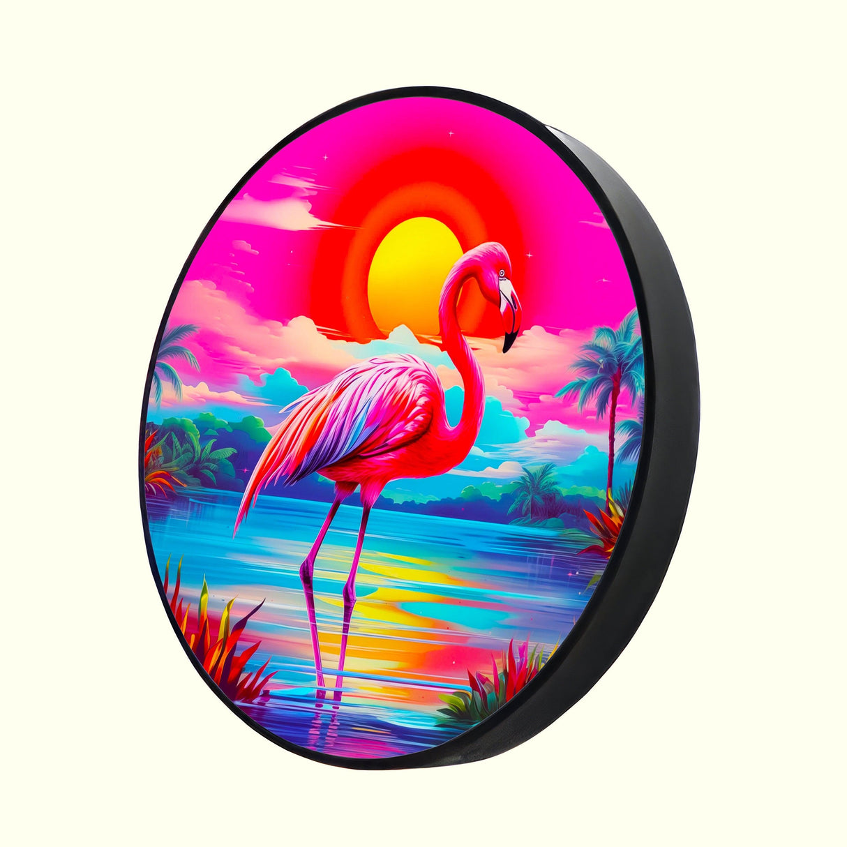 Pink Flamingo Pop Art Round Artwork LED Wall Decor 80s Style Art Flamingo Gifts Home Decor Vintage Flamingo Wall Art Retro Style Wall Art 2