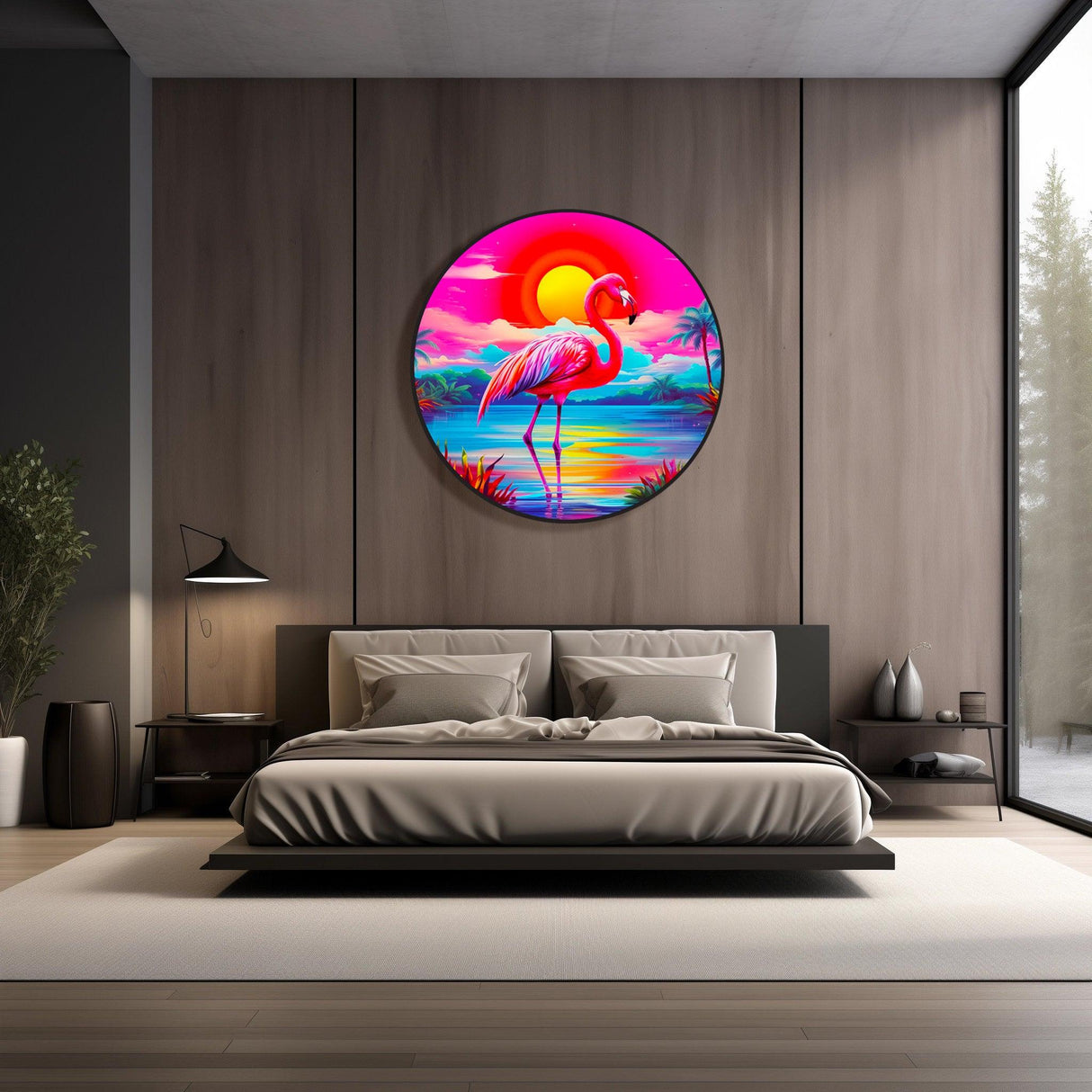 Pink Flamingo Pop Art Round Artwork LED Wall Decor 80s Style Art Flamingo Gifts Home Decor Vintage Flamingo Wall Art Retro Style Wall Art 3