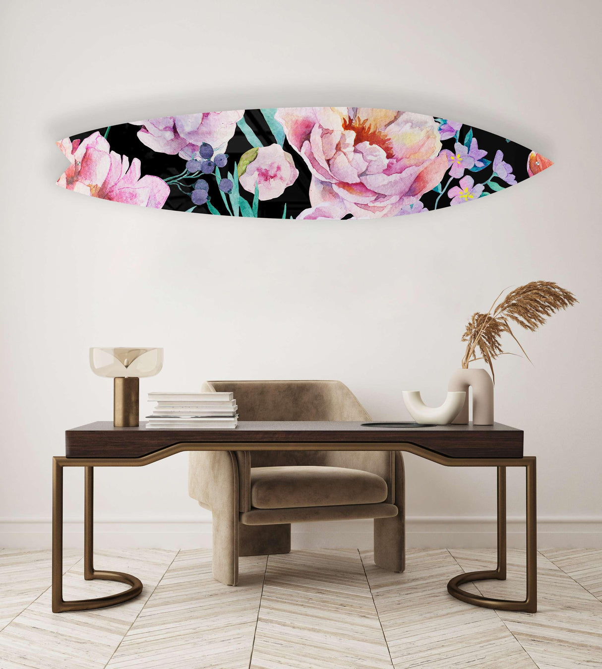 Pink Peony Flowers and Berries Acrylic Surfboard Wall Art - uniqstiq
