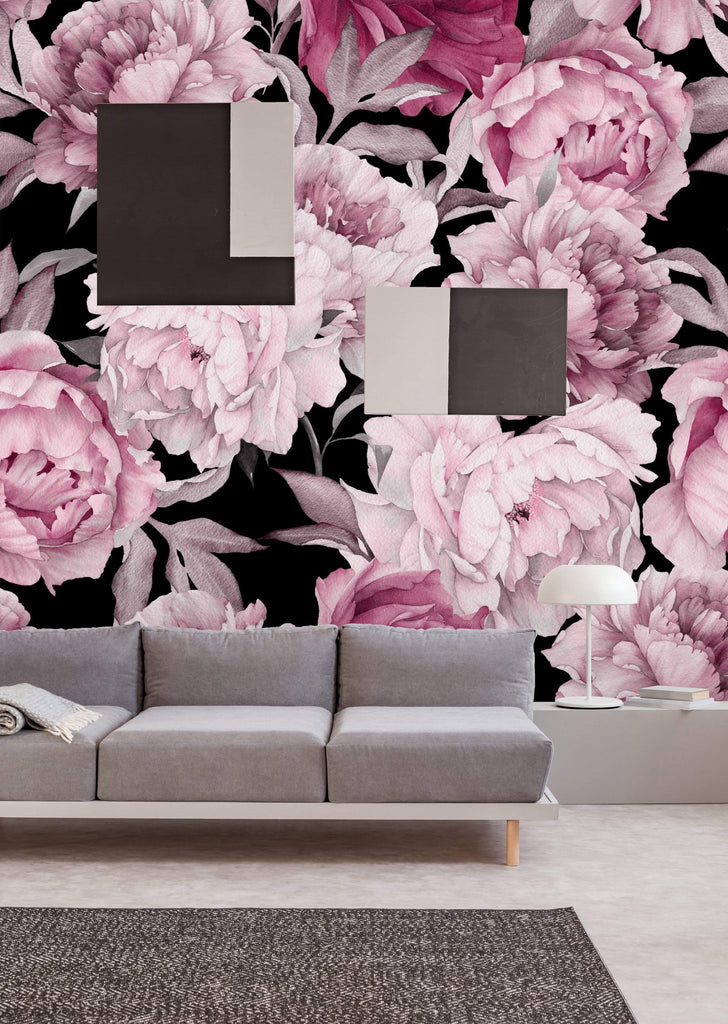 uniQstiQ Murals Pink Peony on Black Background Wallpaper Mural Wallpaper