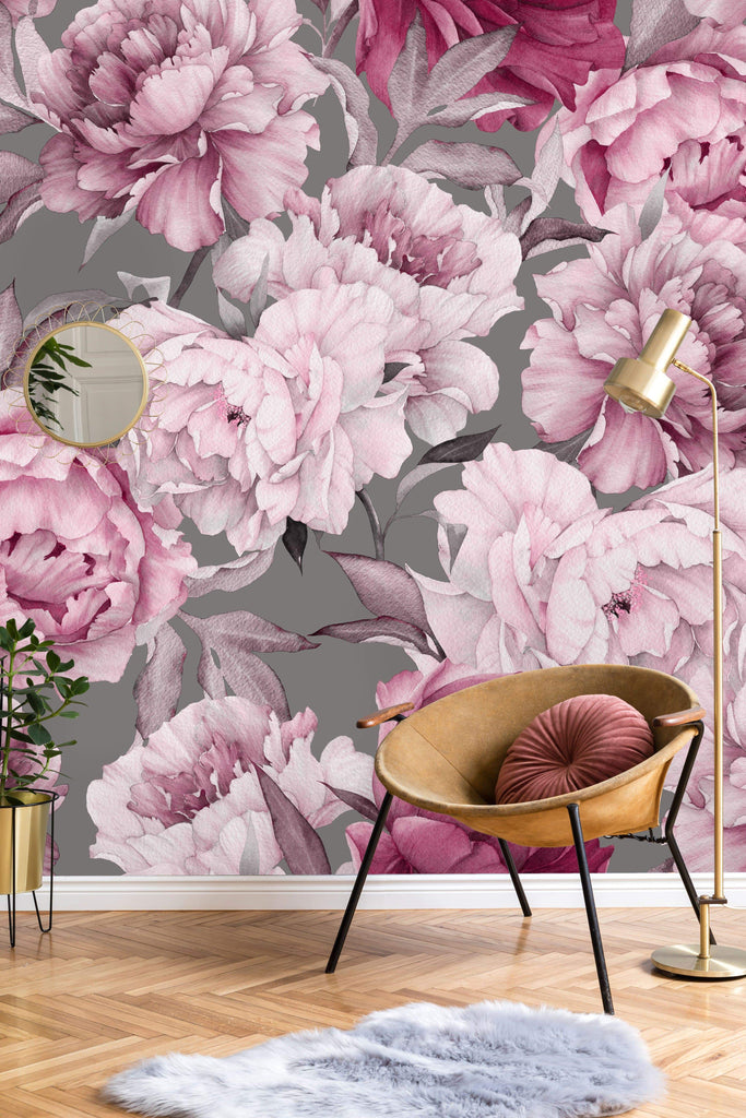 uniQstiQ Murals Pink Peony on Gray Background Wallpaper Mural Wallpaper