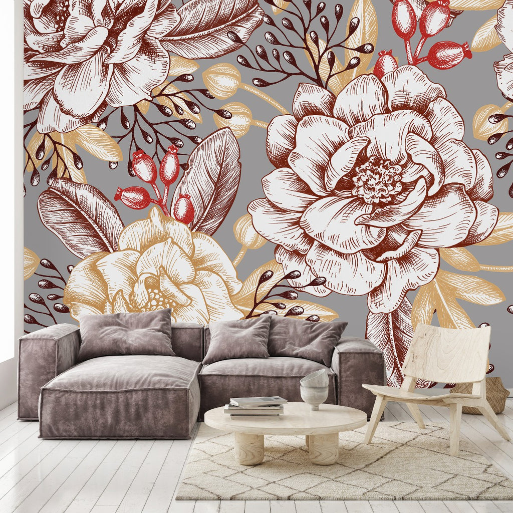 Grey Large Floral Wallpaper uniQstiQ Murals