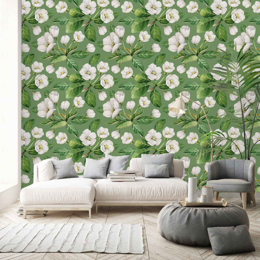 Green Wallpaper with White Flowers uniQstiQ Floral
