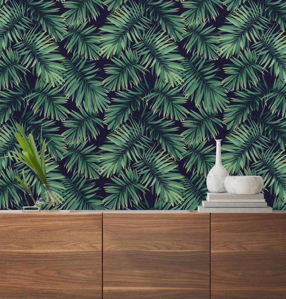uniQstiQ Tropical Retro Palm Leaves on Dark Wallpaper Wallpaper