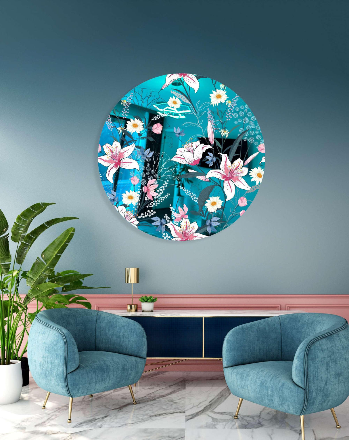 Tropical Botanical Motifs Mirrored Acrylic Circles Contemporary Home DǸcor Printed acrylic