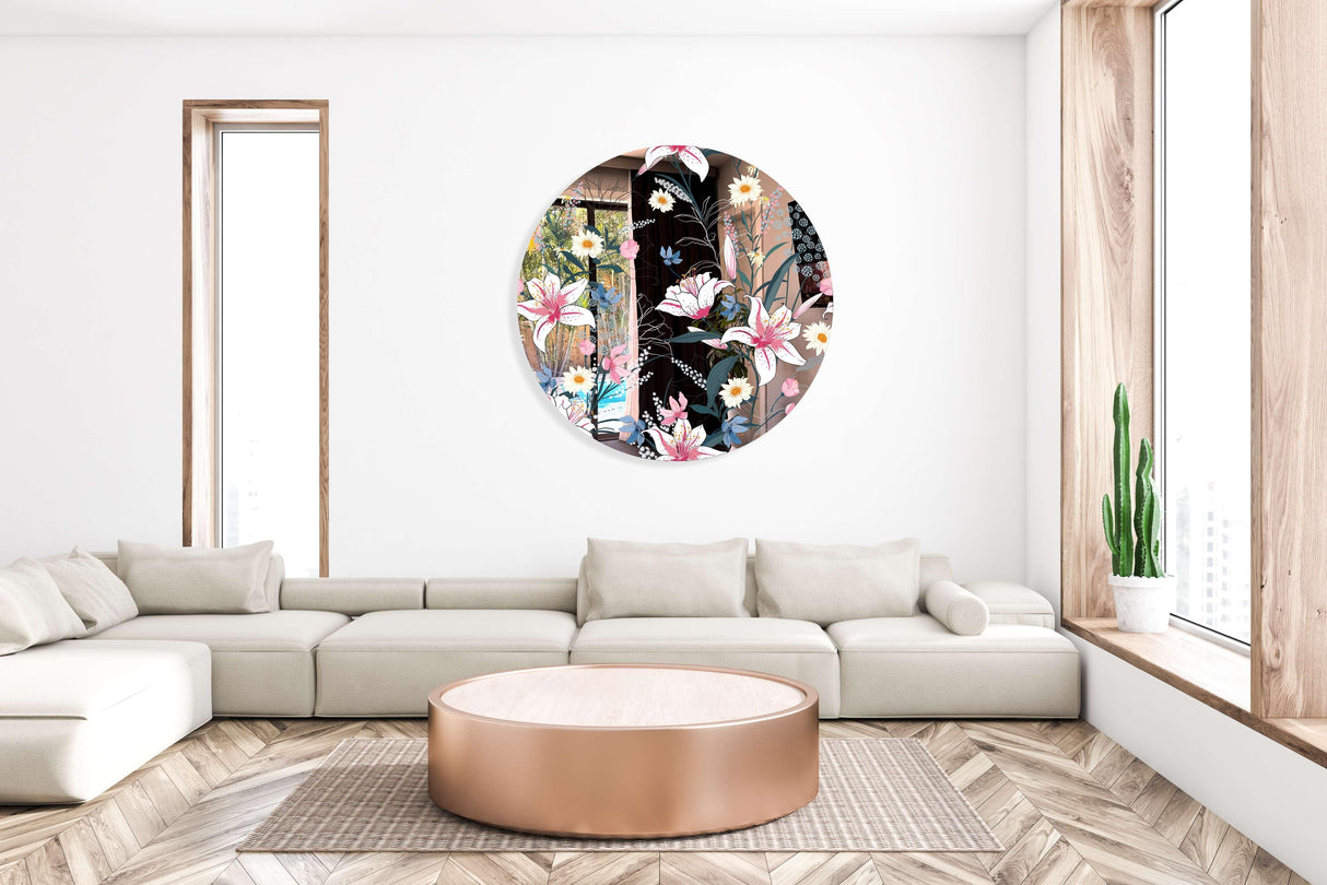 Tropical Botanical Motifs Mirrored Acrylic Circles Contemporary Home DǸcor Printed acrylic