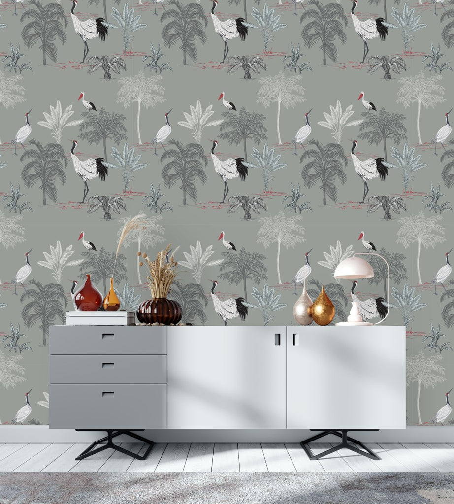 Grey Wallpaper with Cranes Pattern  uniQstiQ Vintage