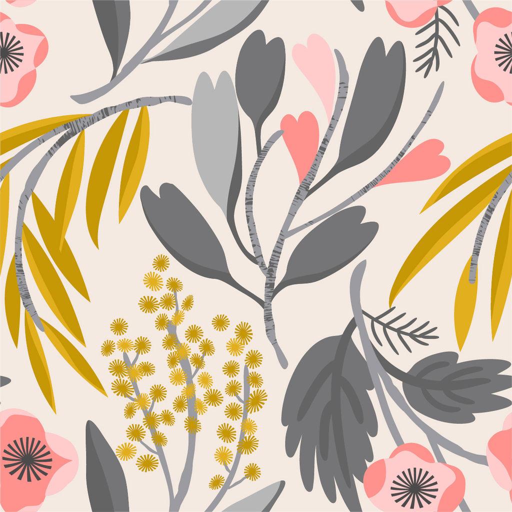 Pink Flowers and Grey Leaves Wallpaper uniQstiQ Floral