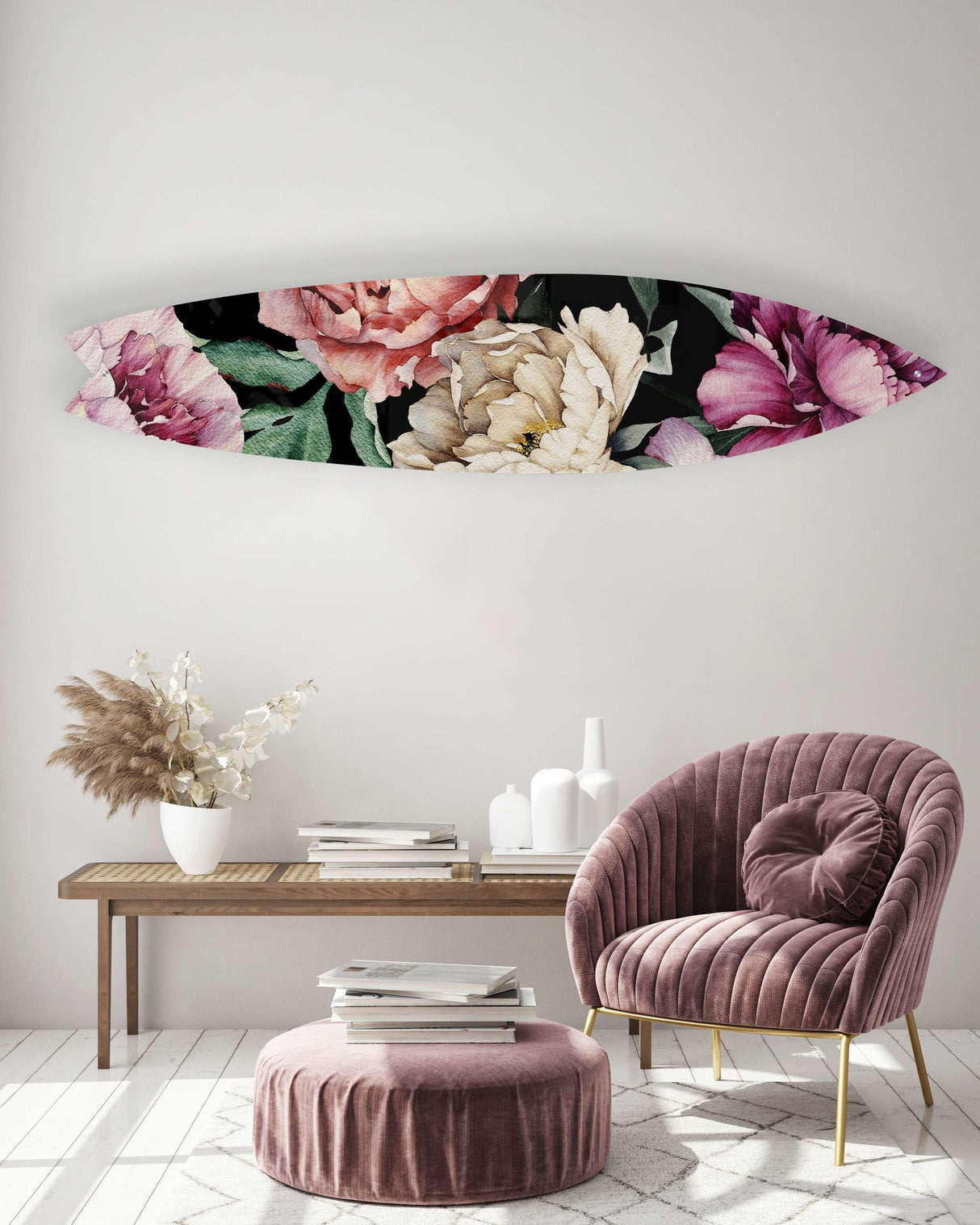 Vintage Dark Peony Mural Printed Acrylic Surfboard Wall Art - uniqstiq
