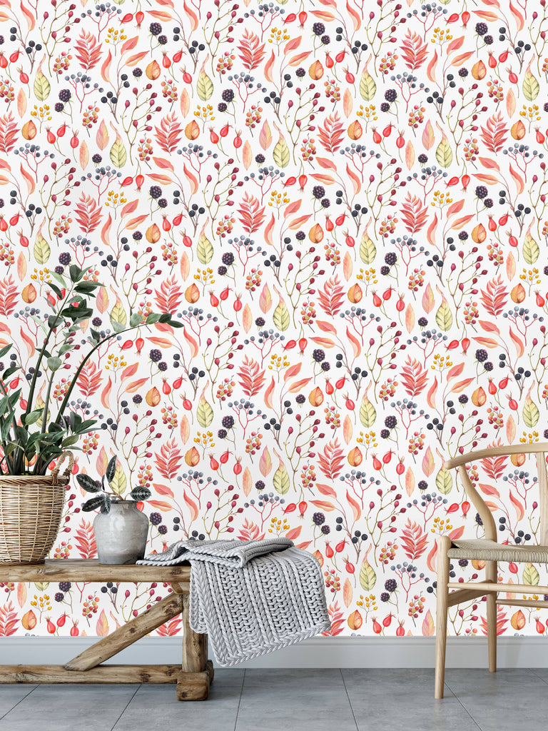 uniQstiQ Botanical Wild Berries and Leaves Wallpaper Wallpaper