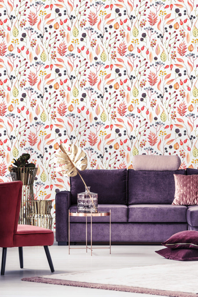 uniQstiQ Botanical Wild Berries and Leaves Wallpaper Wallpaper
