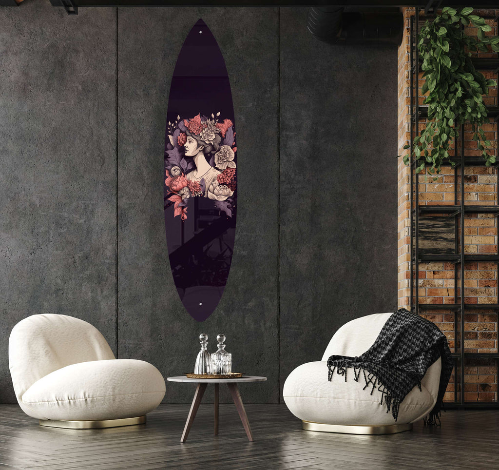 Woman in Flowers Acrylic Surfboard Wall Art