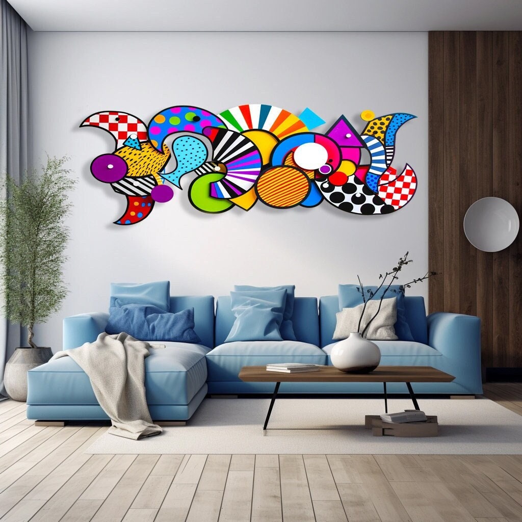 80s Style Art Geometric Shapes Abstract Wall Art by UniQstiQ 3D Wall Hangings Pink and Blue Wall Decor Vintage Artwork Printed