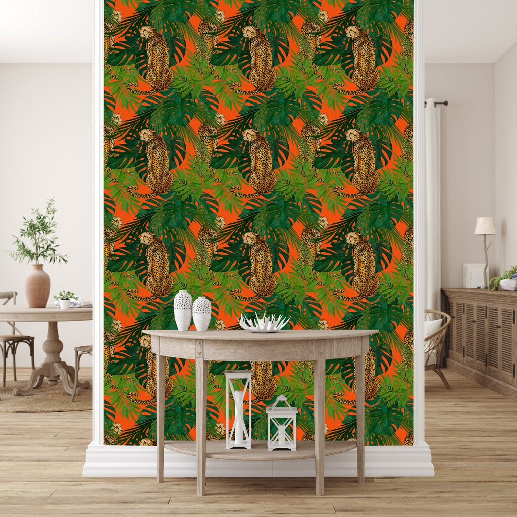 Orange Wallpaper with Exotic Leaves uniQstiQ Tropical