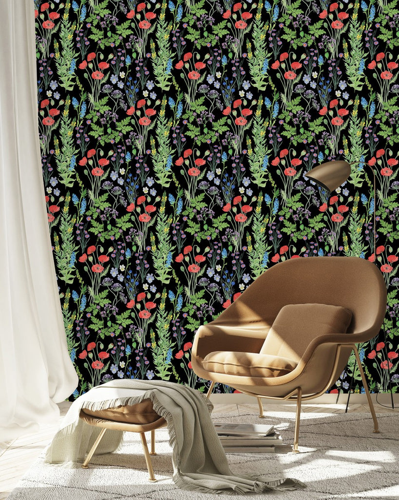Dark Wallpaper with Meadow Flowers uniQstiQ Floral