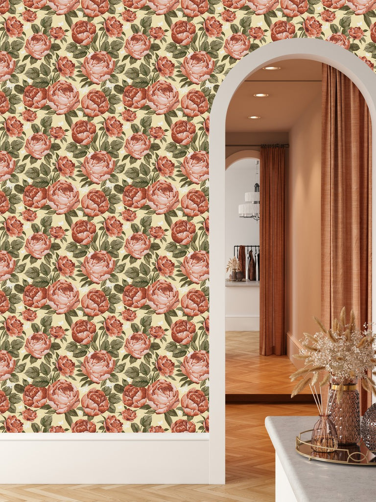 Yellow Wallpaper with Peonies  uniQstiQ Floral