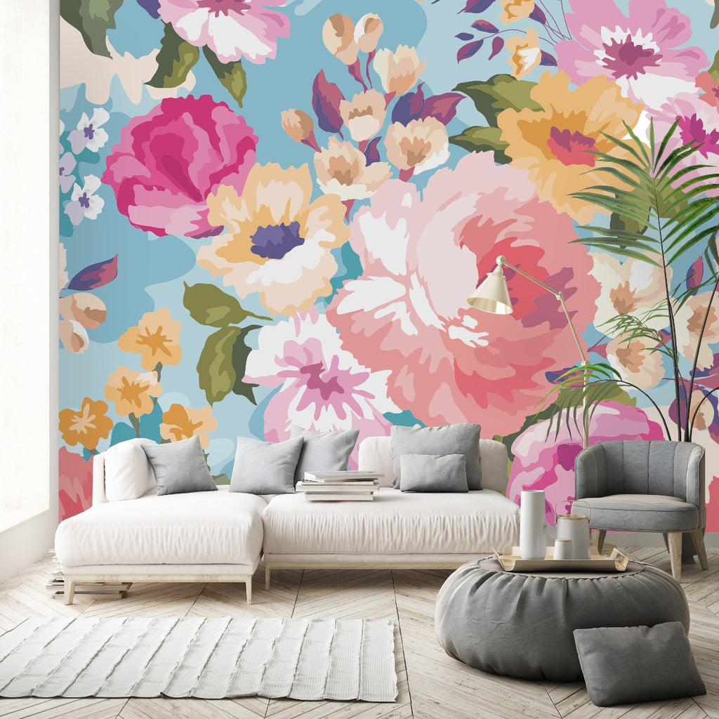 Blue Wallpaper with Flowers Pattern  uniQstiQ Murals