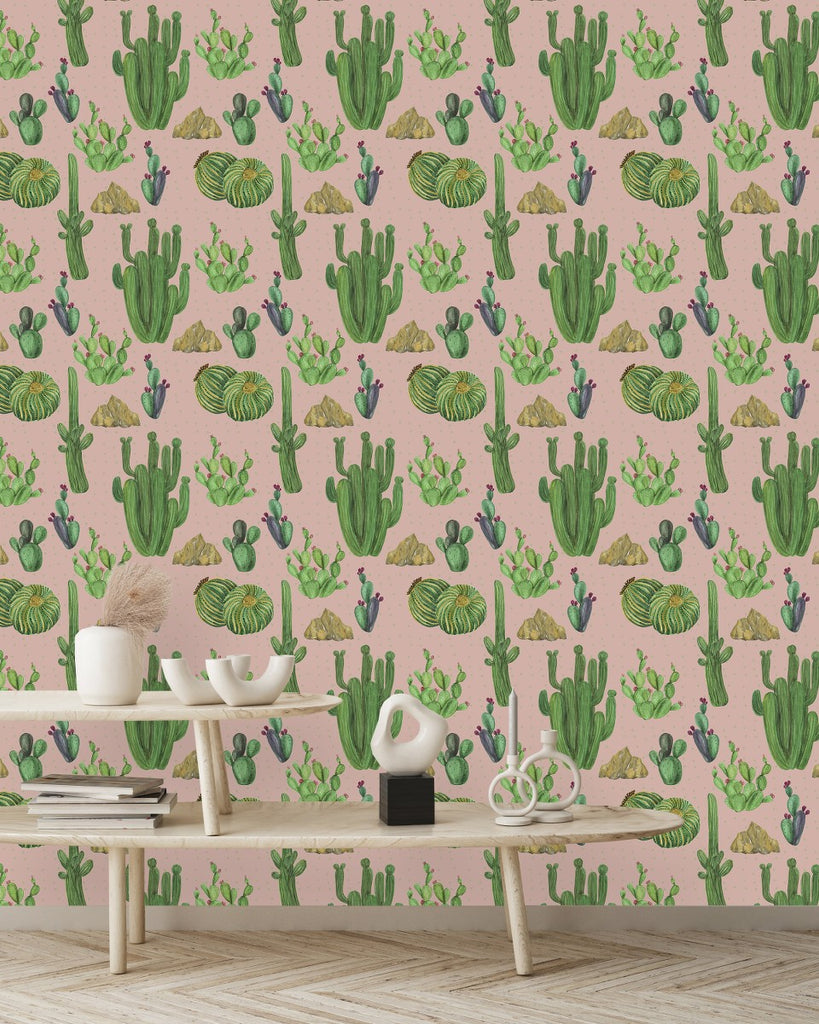 Beige Wallpaper with Cactus Pattern uniQstiQ Tropical